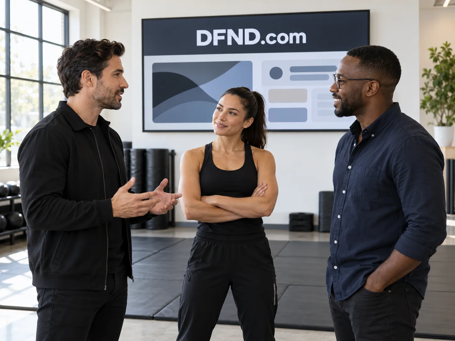 A team discussing protection services beside a display with a DFND.com title bar.