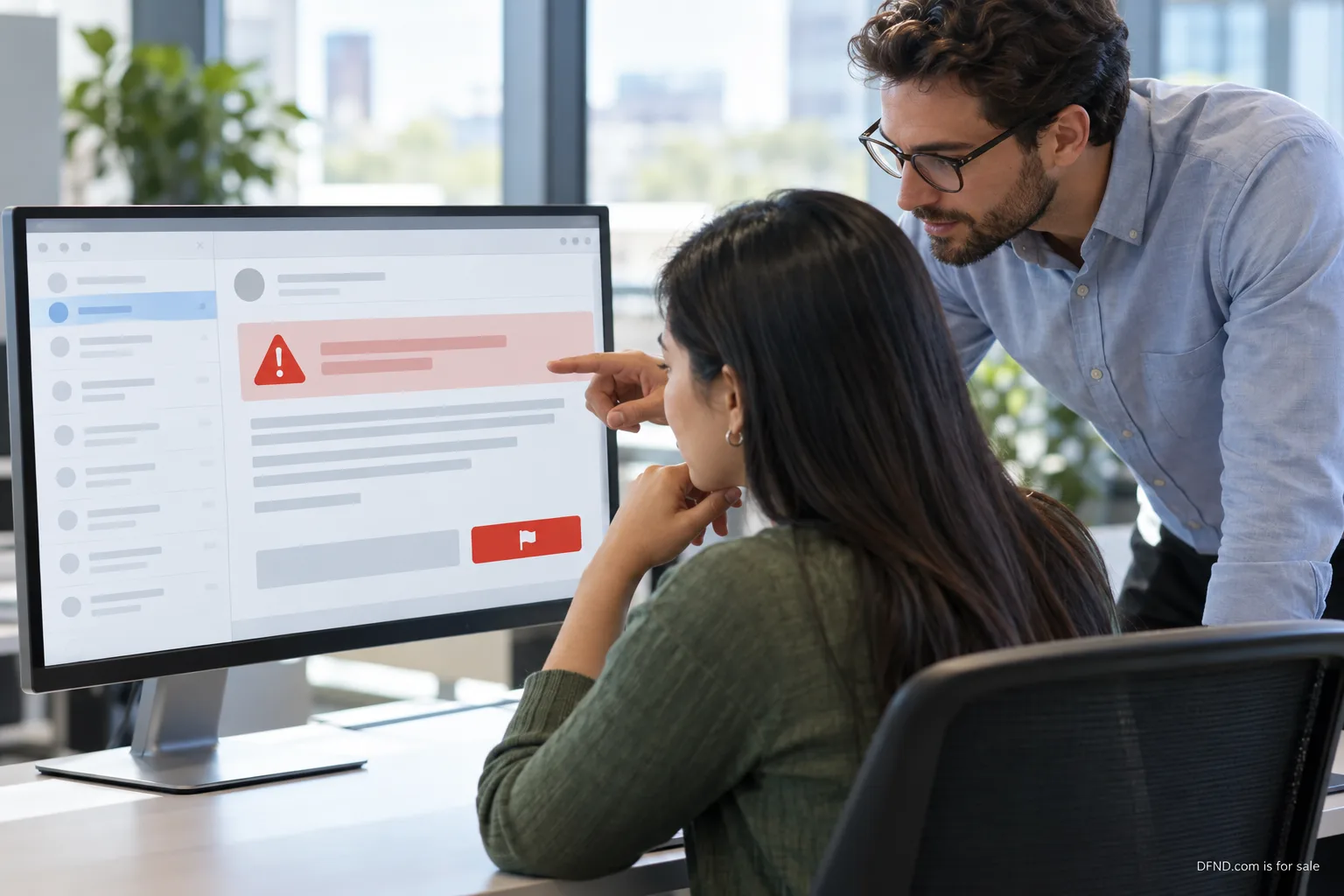 A colleague pointing out a suspicious email on a desktop monitor to a seated coworker.